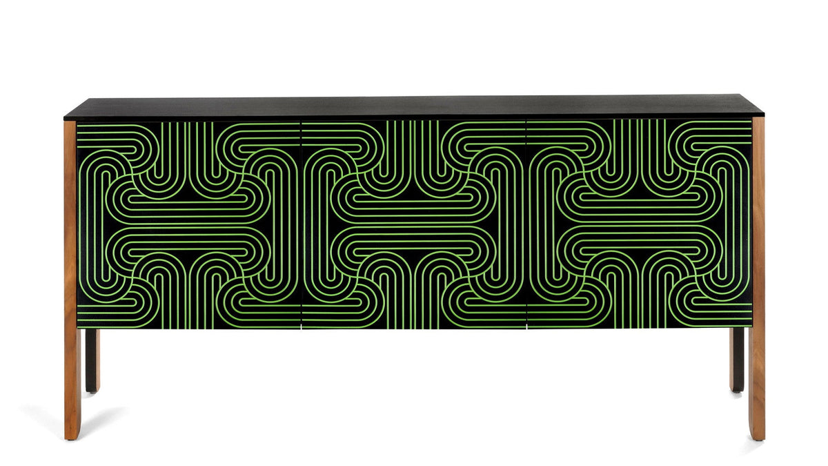 Sideboard in Black, Green and walnut with intricate patterned doors