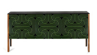 Sideboard in Black, Green and walnut with intricate patterned doors