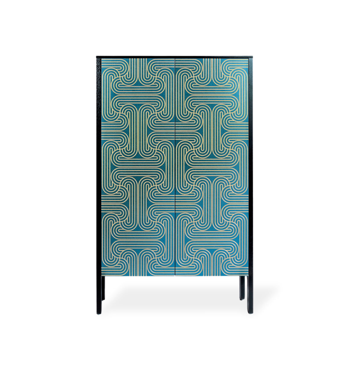 A tall cabinet with a geometric maze-like pattern in teal and gold on the doors, framed in black with black legs, shown against a plain white background.