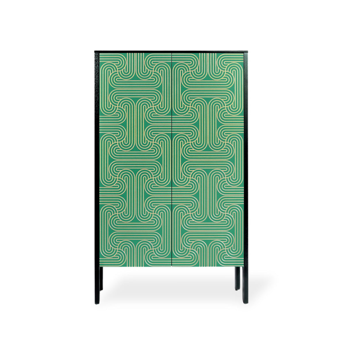 A modern two-door cabinet featuring a green and gold geometric maze-like pattern on the doors, with a black frame and slim black legs, shown against a plain white background.