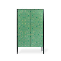 A modern two-door cabinet featuring a green and gold geometric maze-like pattern on the doors, with a black frame and slim black legs, shown against a plain white background.