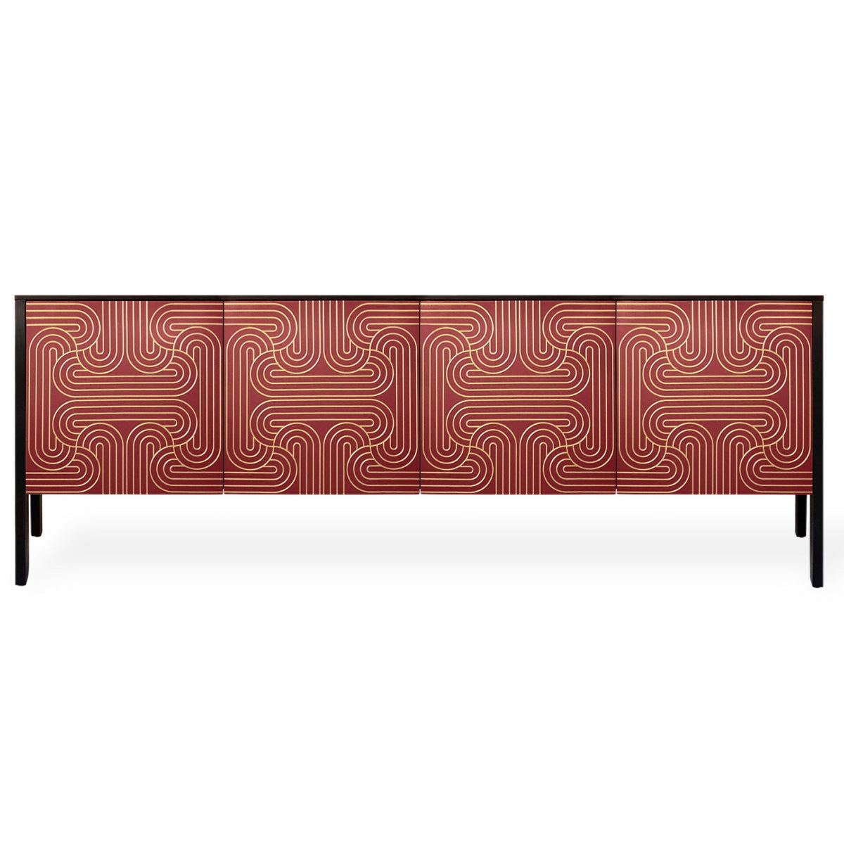 A long red sideboard or credenza with six front panels featuring a gold geometric pattern, supported by slim black legs, shown against a plain white background.