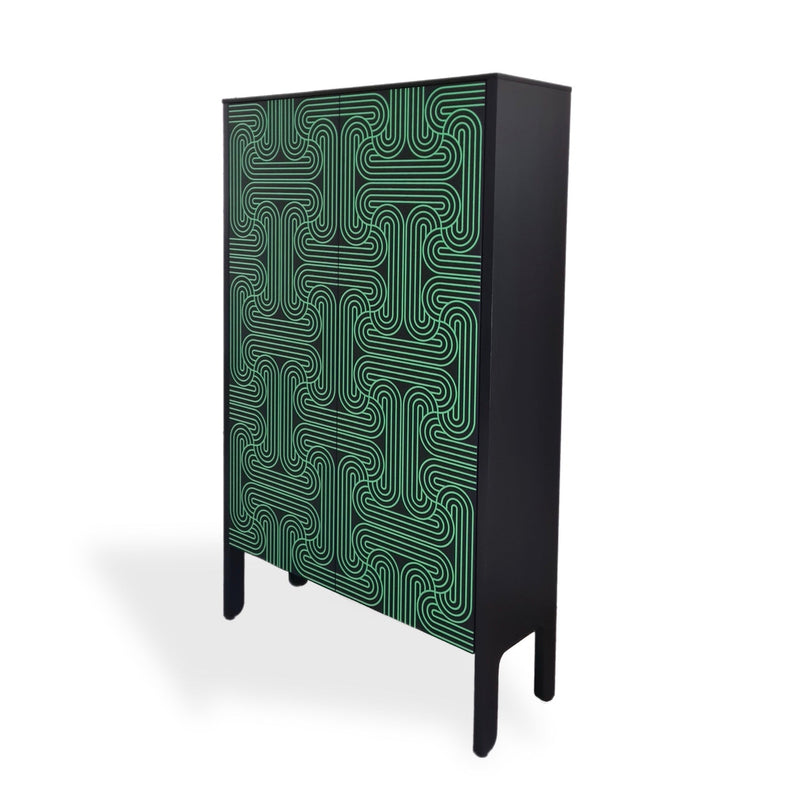 A modern black cabinet featuring a green geometric maze-like pattern on the front doors, shown on a plain white background.