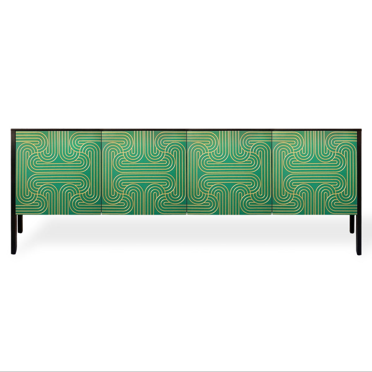A modern sideboard or credenza with a green and teal geometric wavy pattern on the doors, supported by slim black legs, shown against a plain white background.