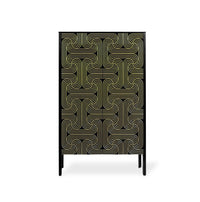 A tall cabinet with a black finish and an intricate geometric pattern of gold lines, standing on slim black legs against a white background.