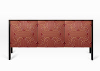 Sideboard with a red and gold patterned doors and black sides. Elegant sideboard with nod to art deco.