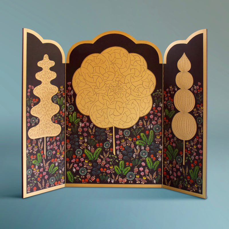 Large Decorative triptychs with intricate floral handcarved and painted designs on a black background