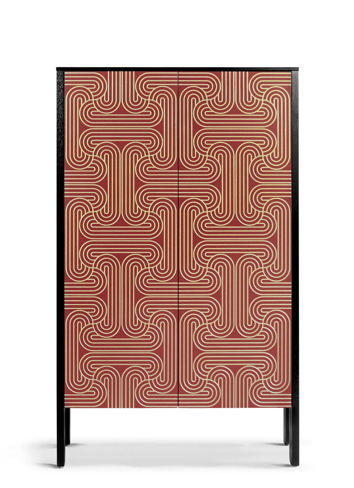 Long door cabinet with Red doors and a gold looping pattern