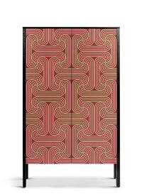 Long door cabinet with Red doors and a gold looping pattern