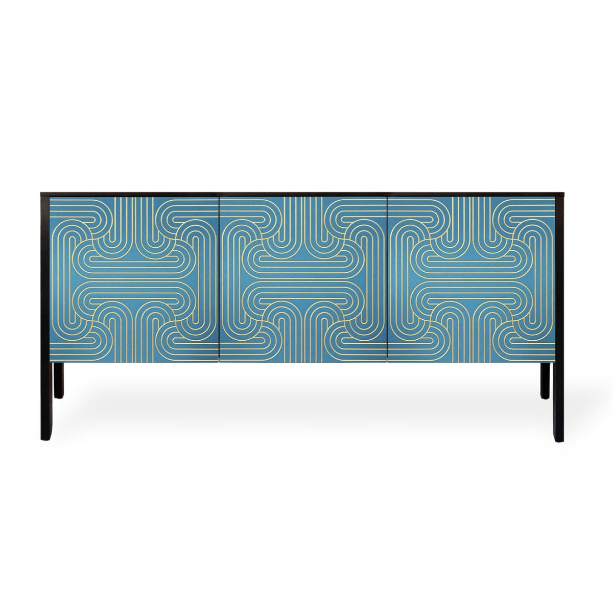 A modern sideboard or credenza with a blue and gold geometric patterned front, supported by slim black legs, shown against a plain white background.