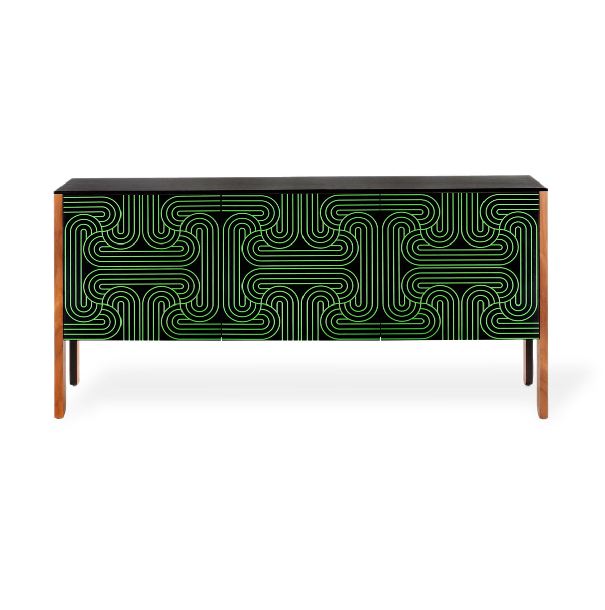 A modern sideboard or credenza with a black front featuring a green geometric maze-like line pattern, supported by slim wooden legs, shown against a plain white background.