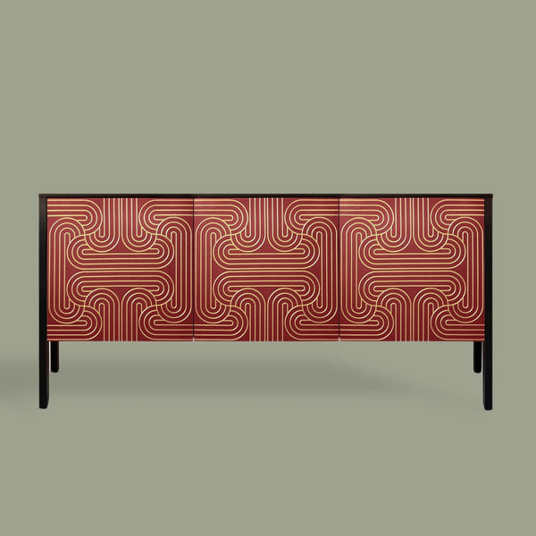 Red and black sideboard with a gold carved pattern
