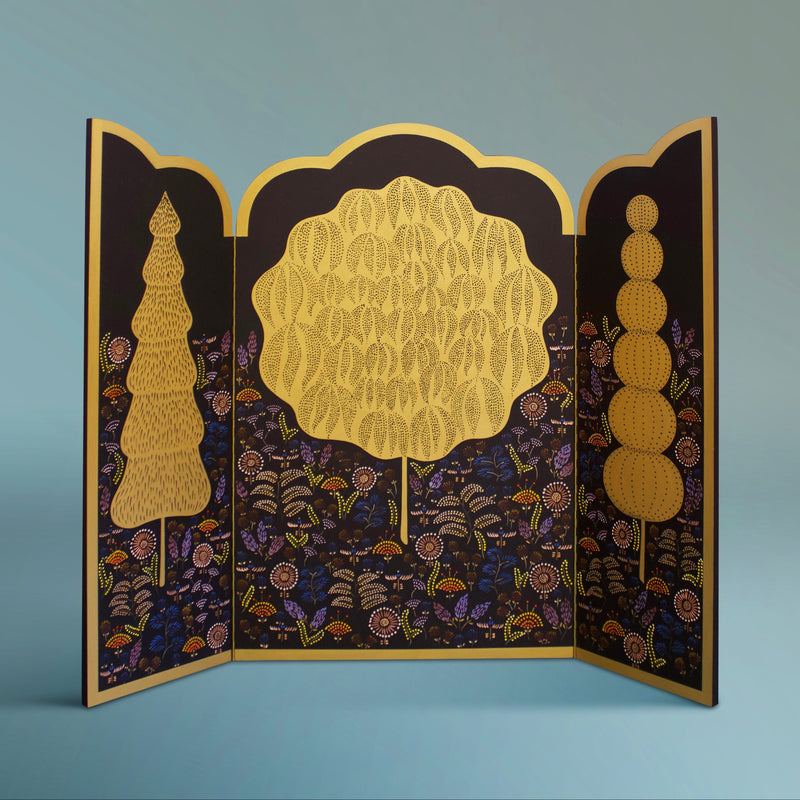 Decorative triptych with gold and multicoloured hand carved and painted design on a black background
