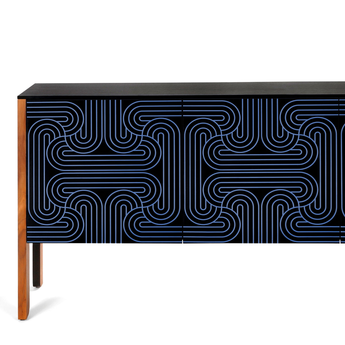 A modern sideboard or credenza with a black top and front featuring a blue and black geometric maze-like line pattern, supported by a light wood frame and single leg, shown against a plain white background.