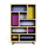 Display Cabinet with Pink, Yellow and grey back. Boulder Display Unit