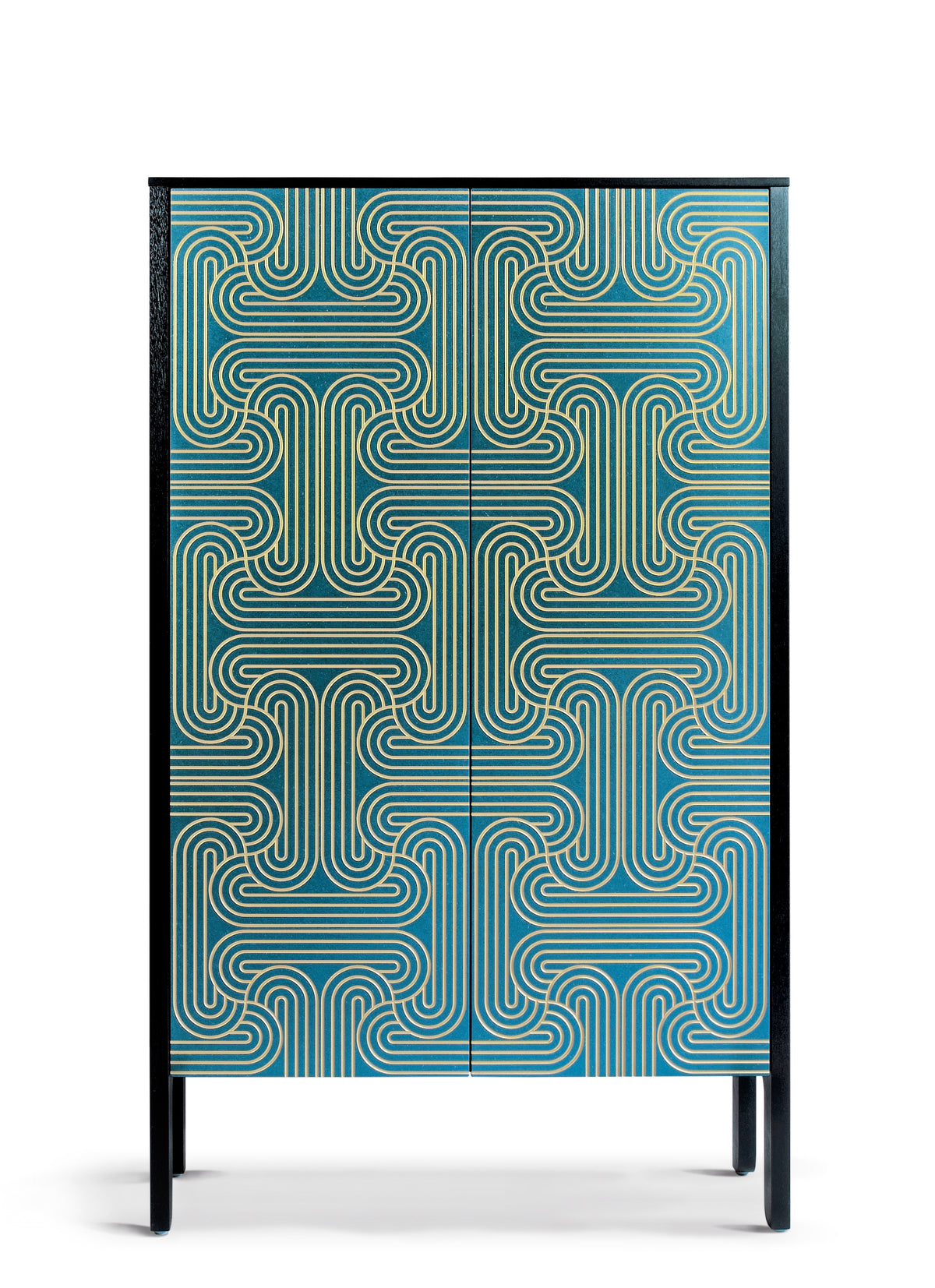 Long door cabinet with gold pattern on blue doors and black sides