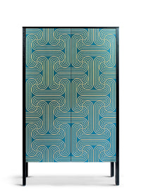 Long door cabinet with gold pattern on blue doors and black sides
