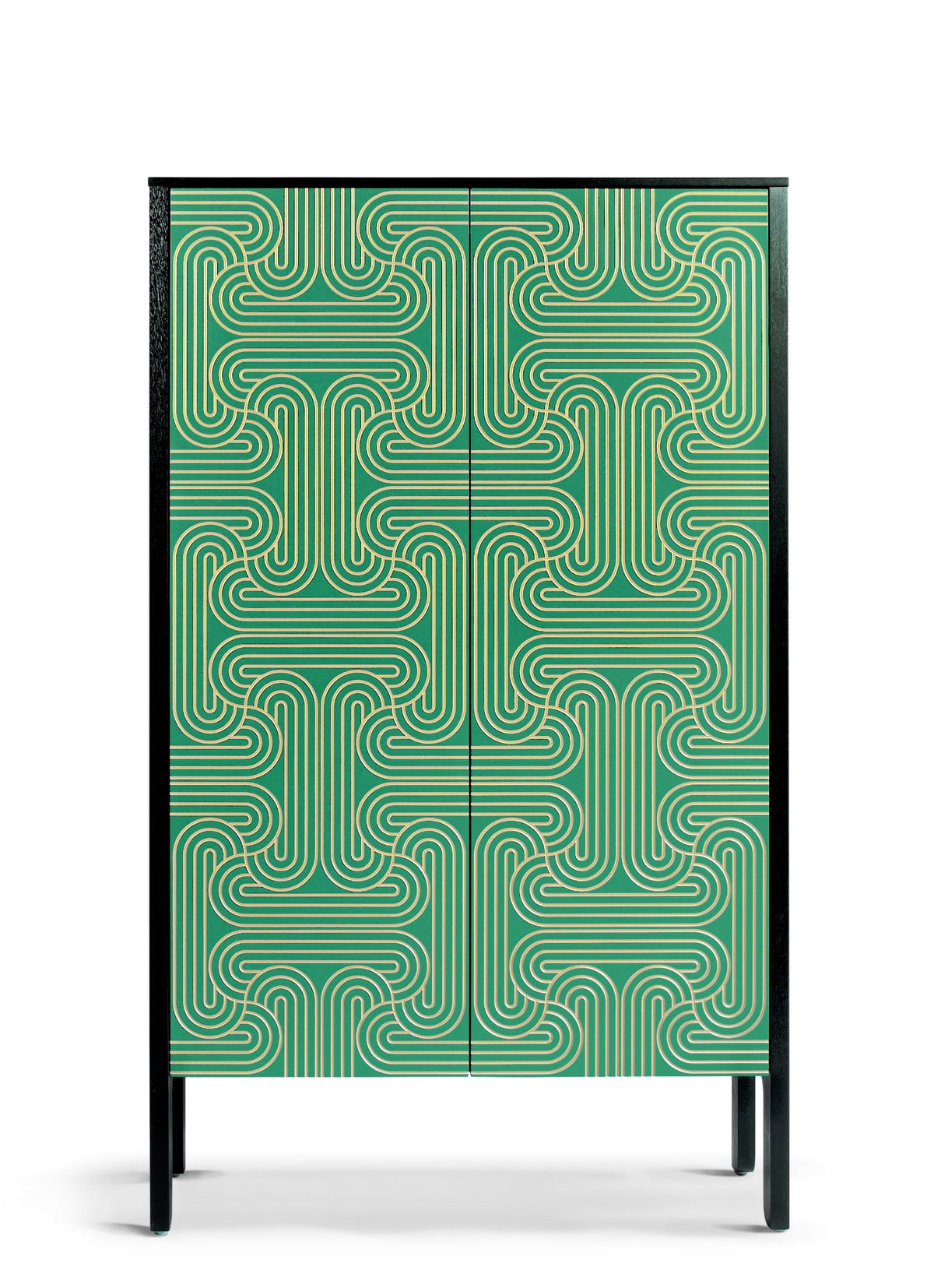 Long door cabinet with a carved art deco pattern painted gold, on emerald doors and black sides