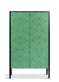 Long door cabinet with a carved art deco pattern painted gold, on emerald doors and black sides